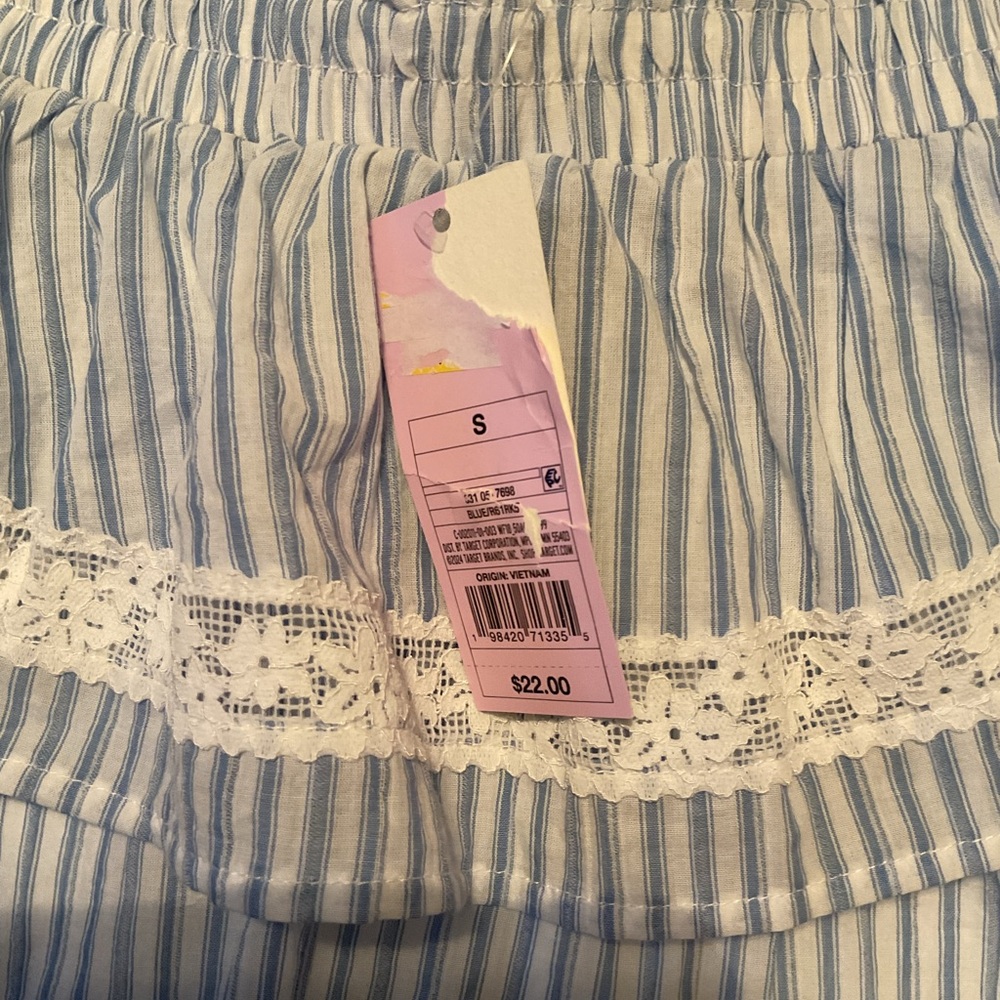 Tiered skirt, lace trimmed, blue & white stripes NWT Small - built-in shorts - Picture 6 of 12